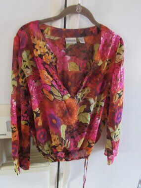 Chico’s 100% Silk vneck shirt top Blouse – Size 0 s colorful drawstring bottom